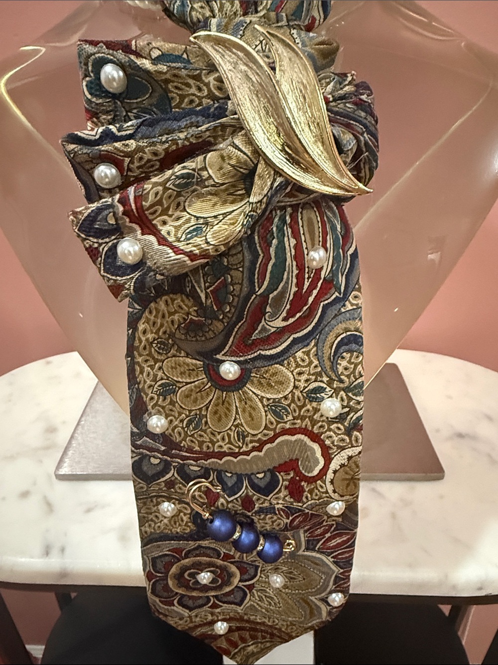 Pearl-Embellished Paisley Scarf Wrap in Gold, Navy & Red